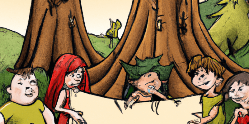 A group of four friends standing in front of a magnificent tree in a forest, holding a treasure map and looking excited and determined. The troll can be seen in the background, watching them cautiously.