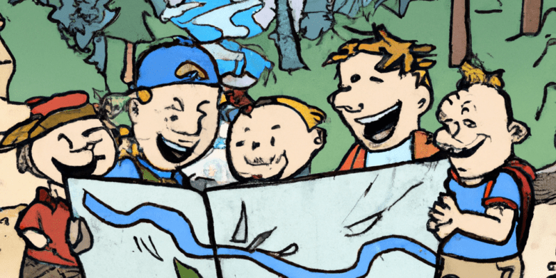 A group of friends standing together in a forest, looking at an old map with excitement and determination on their faces. In the background, there is a glimpse of a mountain range and a river flowing nearby.