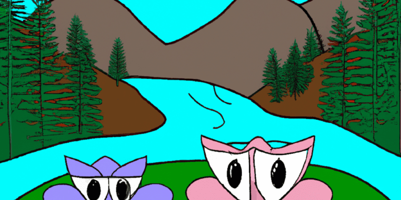 An image prompt for this story could be a picture of two flowers, one with purple petals and the other with pink petals, growing side by side in a forest. In the background, there could be a mountain range, a river, and a tree with an owl perched on a branch. The flowers could be looking up at the mountain, indicating their upcoming adventure.