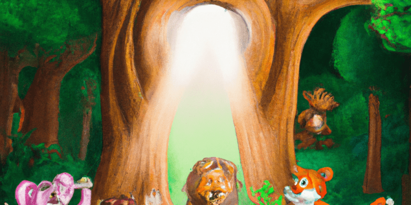 A group of animal friends standing in front of a large, glowing tree with a door carved into its trunk, looking excited and curious. The forest around them is lush and green, with rays of sunlight shining through the trees.