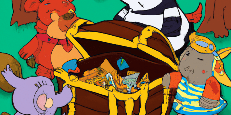 A group of animals standing around a treasure chest in the middle of a forest, with a map and some riddles scattered around them.