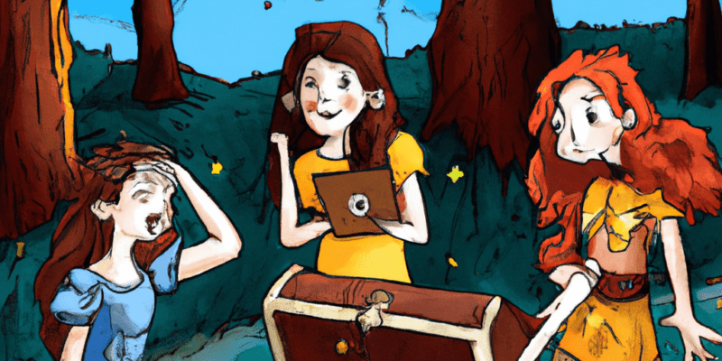 An image prompt for this story could be a picture of three girls holding a treasure chest with a mysterious map in the background, surrounded by a forest.