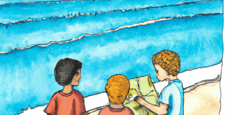 A picture of three children standing on a beach, looking out at the sea with a map in their hands and a sense of adventure in their eyes. In the distance, a small boat can be seen anchored offshore.