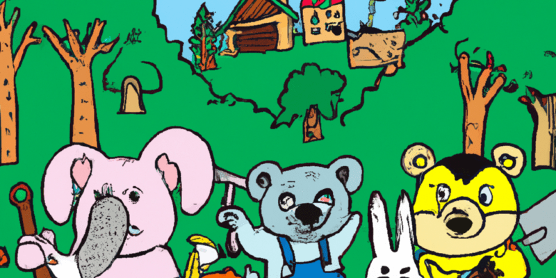 A group of animal friends standing together in front of their newly rebuilt village, with each animal holding a tool or item that they used to contribute to the rebuilding effort. In the background, the forest is lush and green.