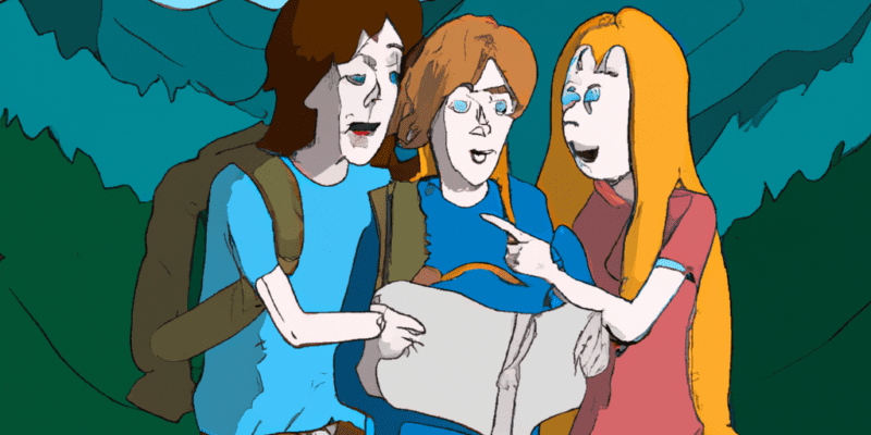 Three friends standing together, looking at a map with a sense of adventure and excitement on their faces. In the background, there could be a mountain, a river, and a dense forest, hinting at the challenges they will face on their journey.