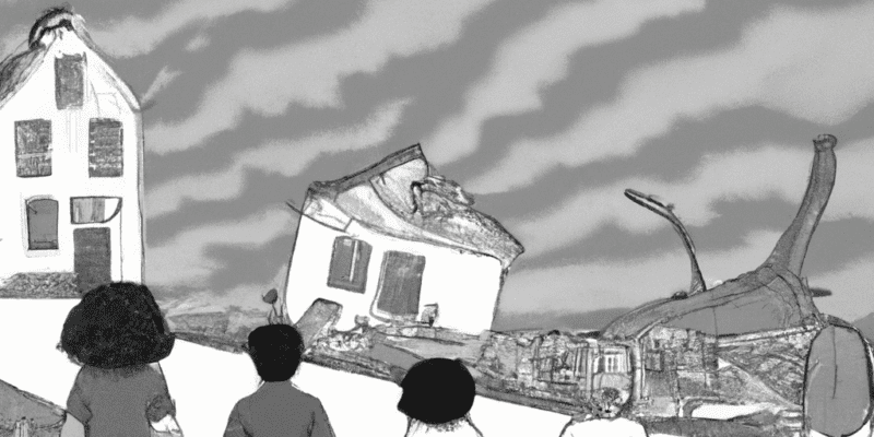 An image prompt for this story could be a picture of four children holding hands and standing in front of a village that has been destroyed by a storm. They could be looking determined and ready to help the villagers.