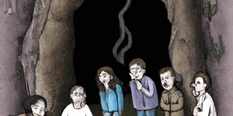 A group of friends standing outside a mysterious cave entrance, looking excited and curious about what they might find inside.