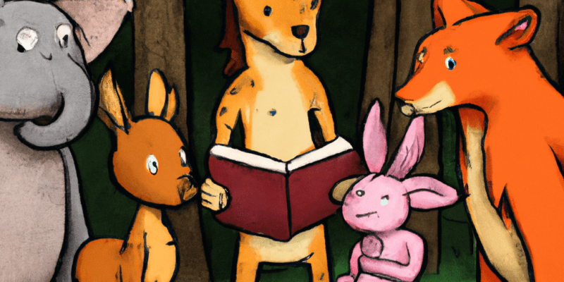 A group of animals standing together in a forest, with one of them holding a book and the others looking at each other with curious expressions.