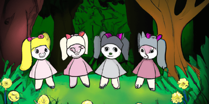 An image prompt for this story could be a picture of three girls holding hands and walking through a magical forest with flowers and trees in the background. They could be smiling and looking at each other, showing the strong bond of their friendship. In the foreground, there could be a mysterious cave entrance, hinting at the adventure that awaits them.