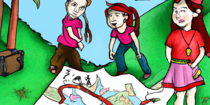 An image prompt for this story could be a map with a big red X marking the spot where the treasure is hidden, surrounded by lush green forests and mountains in the background. In the foreground, there could be Lily, Max, and Ava looking at the map with excitement and anticipation.