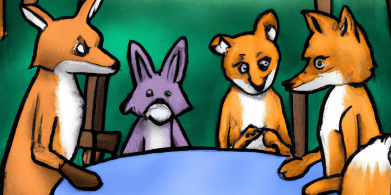 A group of animals gathered around a table, with Foxy looking guilty and ashamed while Lanky, Fluffy, and Sage look concerned and serious. In the background, the lush forest can be seen.