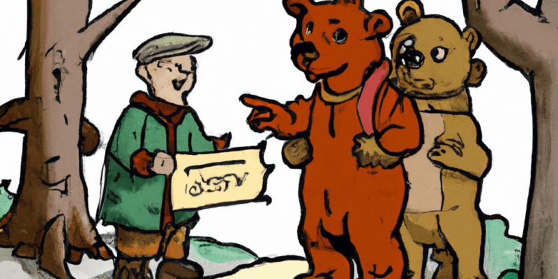 An image prompt for this story could be a group of six friends hiking through a forest, with one of them holding a map and another one pointing towards a signpost. The image could also include a friendly bear and an old man guiding them through the woods.