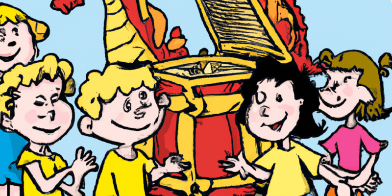 A group of children standing in front of a treasure chest with a dragon in the background. The children are holding hands and looking excitedly at the chest, while the dragon is looking at them with a fierce expression.