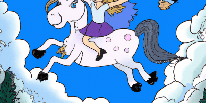 An image prompt for this story could be a picture of Isabella riding on the back of Luna the unicorn, soaring through the clouds above the magical forest.