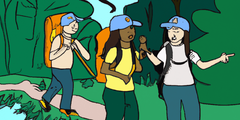 An image prompt for this story could be a picture of three friends walking through a forest with backpacks on their backs, looking determined and excited for their adventure. The image could also include a river in the background, with the friends trying to figure out how to cross it.