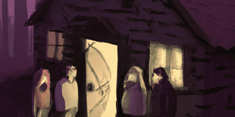 A group of friends standing outside a mysterious old house in the middle of a dark forest, with the door slightly ajar and a faint light coming from inside.