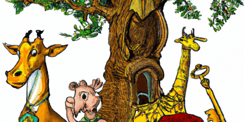 A group of animals standing in front of a large, ornate tree with a golden key in their paws, looking determined and curious as they prepare to embark on their adventure.