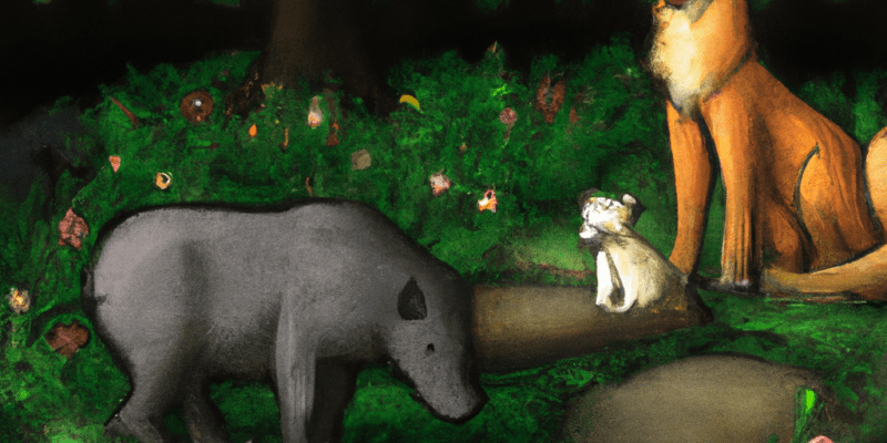 A group of animals standing together in a beautiful forest, with tall trees, wildflowers, and a babbling brook in the background. In the foreground, there is a mysterious, glowing object lying on the ground.