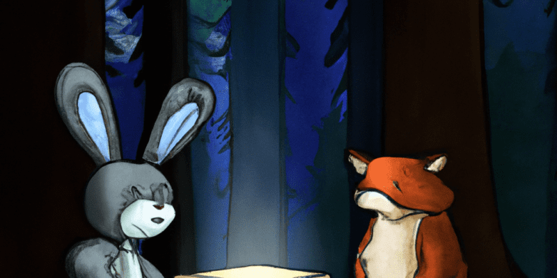 An image prompt for this story could be a picture of three animal friends - a rabbit, a bear, and a fox - standing together in a forest, looking excitedly at a mysterious box.