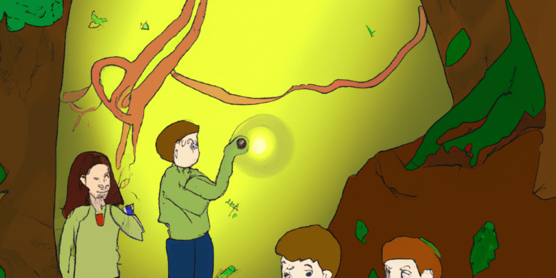 An image prompt for this story could be a picture of a group of children exploring a forest, with one of them holding a map and another one looking through a magnifying glass at a leaf. In the background, there could be a cave entrance with a mysterious glow emanating from it.