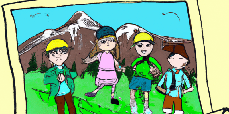 An image prompt for this story could be a picture of five siblings standing together, holding a tattered map and looking out at a beautiful landscape with mountains, rivers, and forests in the background. They could be dressed in adventurous clothing, such as hiking boots, backpacks, and hats, and have expressions of excitement and determination on their faces.