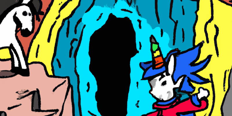 An image prompt for this story could be a picture of a hooded figure walking into a cave with Brave and Joy following behind, looking curious and determined. In the background, there could be a glimpse of the magical world inside the cave, with unicorns, talking trees, and the dragon crying.