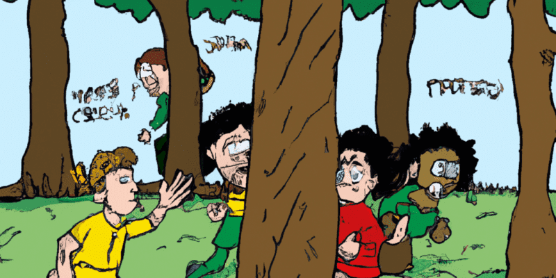 A group of children playing hide-and-seek in a forest, with one child hiding behind a tree and the others searching for them.