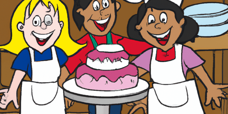 Three friends standing in a kitchen, surrounded by baking ingredients and utensils, with big smiles on their faces as they hold up their finished cakes.