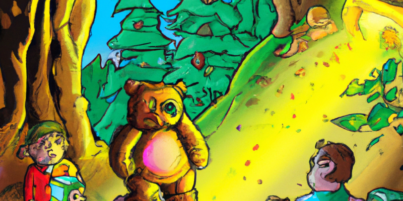 An image prompt for this story could be a group of friends standing in front of a hidden cave with a treasure chest inside, surrounded by the enchanted forest with talking trees and shimmering lights in the background. The giant bear could also be included in the image, chasing the friends as they run towards the cave.