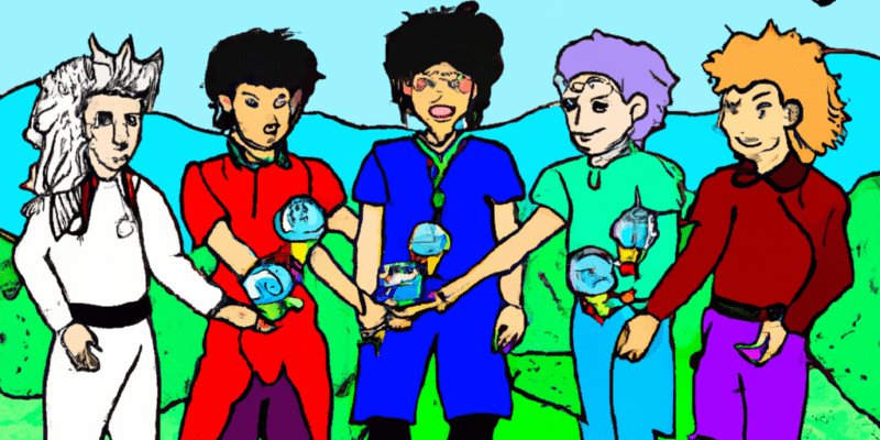 An image prompt for this story could be a picture of the four friends standing together, with each holding a different colored crystal in their hands, and the kingdom behind them, restored to its former beauty.