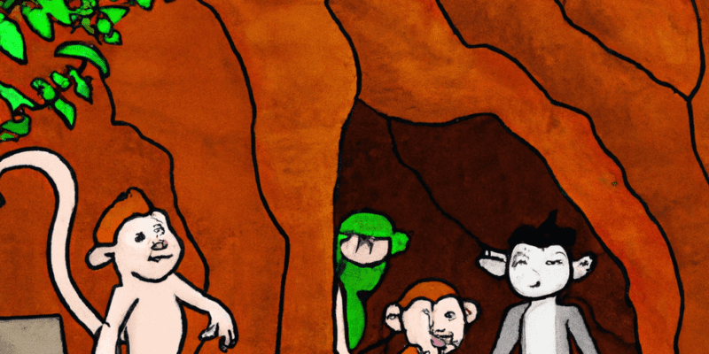 A group of animals standing outside the entrance of a mysterious cave, with vines and leaves covering the entrance and the forest in the background. One of the animals, perhaps Maximilian the monkey, is pointing towards the cave with a curious expression on their face.