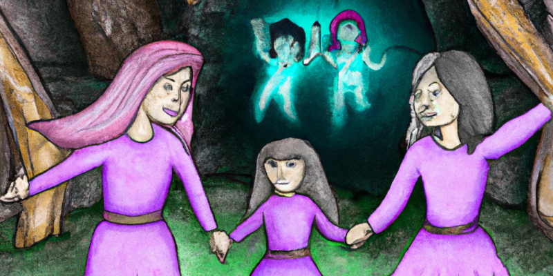 An image prompt for this story could be a picture of three girls holding hands and walking through a magical forest with a cave in the background.