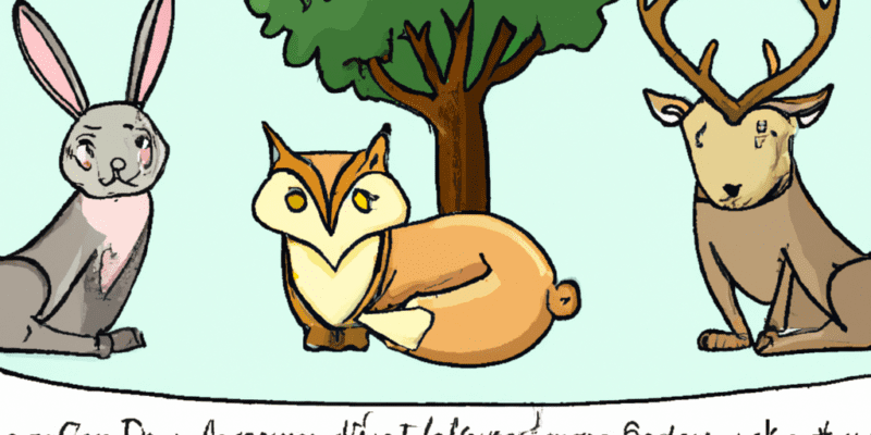 A possible image prompt for this story could be a picture of the wise old owl sitting on a tree branch, surrounded by the rabbit, fox, and deer, who are eagerly listening to his advice. The animals could be depicted with hopeful expressions on their faces, while the owl could have a wise and knowing look. The background could show a lush forest with colorful flowers and trees, hinting at the challenges the animals would face on their quests.