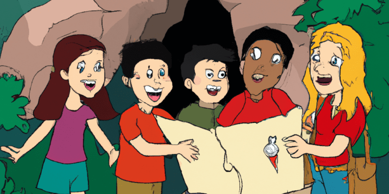 A group of children standing in front of a mysterious cave entrance in a forest, holding a map and looking excited and curious.