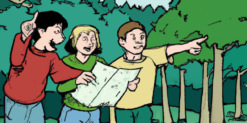 A group of friends standing at the edge of a dense forest, looking at a map and pointing towards a distant location.