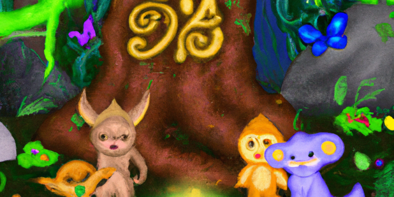 A group of animal friends standing in front of a glowing tree with symbols on the leaves matching their first initials. The tree is located in a lush, enchanted forest with colorful flowers and mushrooms scattered around. In the background, there is a hidden cave with a faint glow coming from inside.