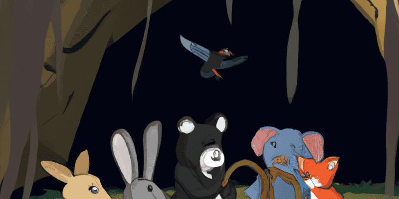 A group of animals sitting around a picnic basket in the woods, with a mysterious cave in the background.