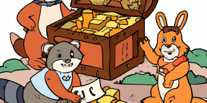 A possible image prompt for this story could be a group of animals, such as a fox, a bear, a raccoon, a squirrel, and a rabbit, gathered around a treasure chest filled with gold coins and precious gems, with a map spread out on the ground in front of them. They could be looking at each other with excitement and anticipation, ready to embark on their adventure.