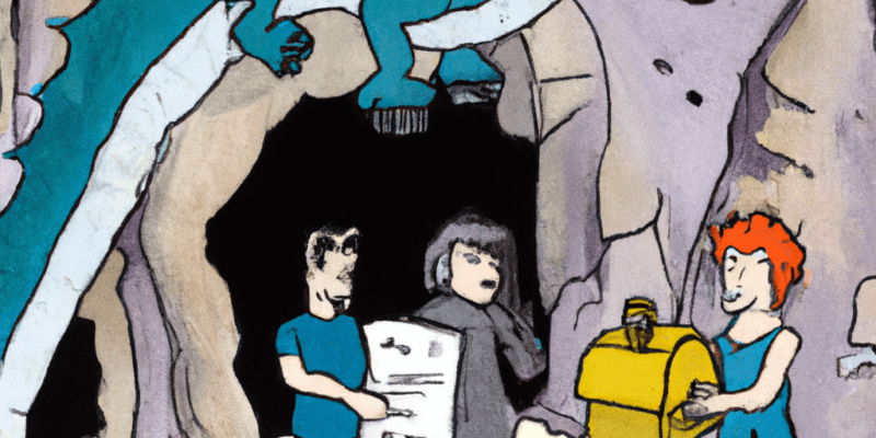 A group of four friends standing in front of a cave entrance with a mysterious box in their hands. One of them is holding a key with a letter engraved on it. In the background, a dragon can be seen emerging from the cave.