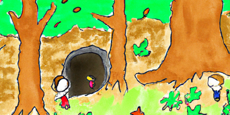 A possible image prompt for this story could be a group of children standing in front of a large, mysterious tree with a hole in its trunk. One child is crawling inside the hole while the others look on with concern. The forest is lush and green, and there are hints of adventure and magic in the air.