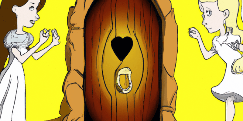 An image prompt for this story could be a picture of a magical door made of wood and gold with an inscription that reads "Only those who are pure of heart can enter." The door could be surrounded by a dark and mysterious cave, with Emily and Lily standing in front of it, looking determined to enter.