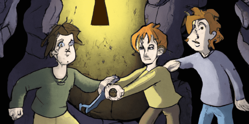 Three friends standing at the entrance of a dark cave, holding hands and looking determined to embark on their adventure to find the Golden Key.