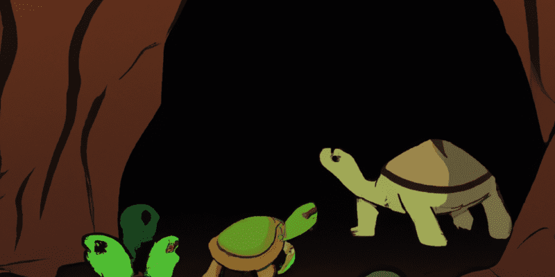 A group of animals standing outside a dark and mysterious cave, with one of them peering inside with a curious expression. The cave walls have strange symbols etched into them. In the distance, a giant turtle can be seen emerging from the darkness.