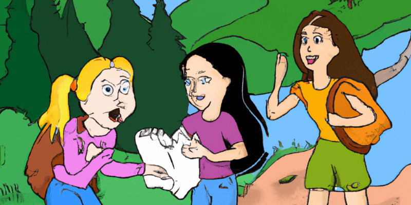 An image prompt for this story could be three girls walking through a dense forest, holding a map and looking excitedly ahead. One of them could be holding a shovel, while the other two carry backpacks. In the background, there could be a mountain range and a river flowing through the forest.