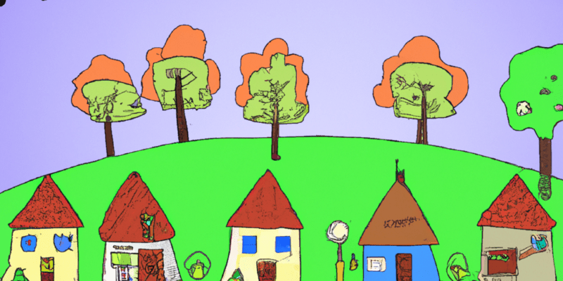 An image prompt for this story could be a picture of a village nestled in rolling hills, with colorful houses and unique signs displaying the first names of each villager. In the foreground, there could be a group of children playing with toys, painting, and climbing trees, while in the background, a mysterious stranger with a long beard watches from afar.