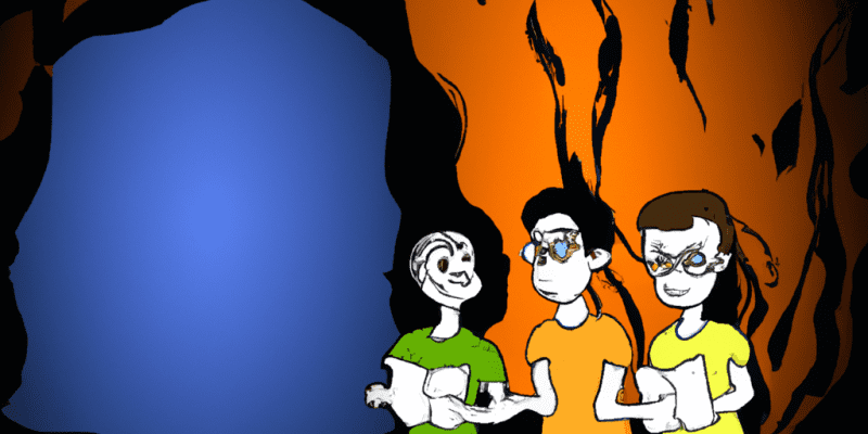 [Image prompt: A group of four friends standing in front of a glowing entrance to a mysterious cave, holding a map and looking determined and excited.]