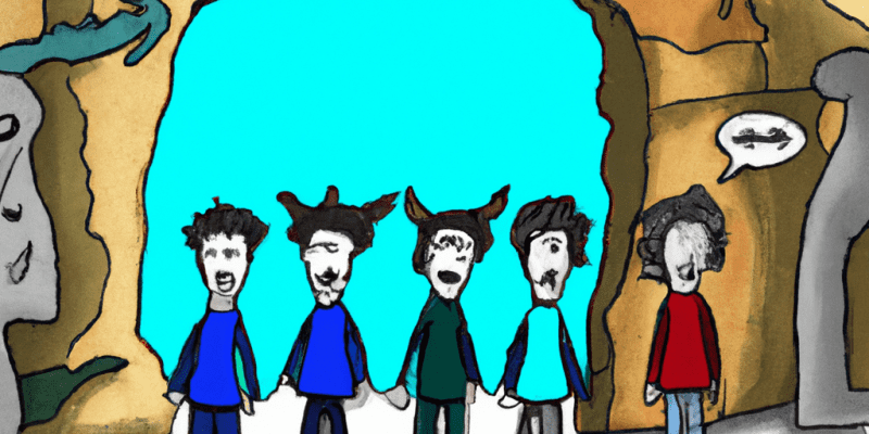 [Image prompt: A group of four friends standing at the entrance of a mysterious cave, each with a unique symbol representing bravery, cleverness, kindness, and humor above their heads.]