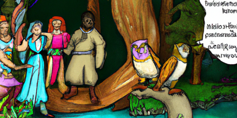 A group of friends standing in front of a sparkling, crystal-clear pond in the Enchanted Forest, with the wise old owl guardian Ophelia perched on a nearby branch, presenting them with the riddle.