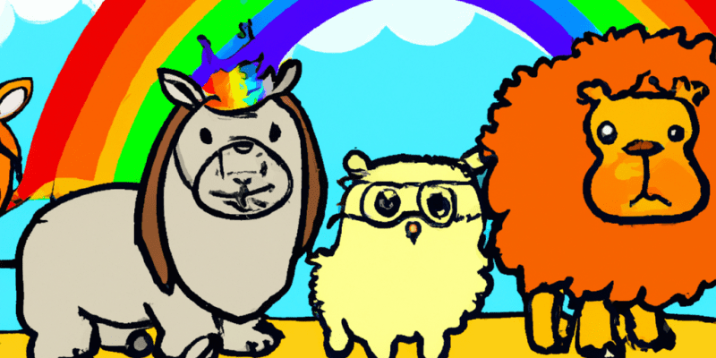 [Image prompt: A group of adorable animals - a lioness, an owl, a llama, and a turtle - standing together with determined expressions, looking at a disappearing rainbow bridge in the background.]