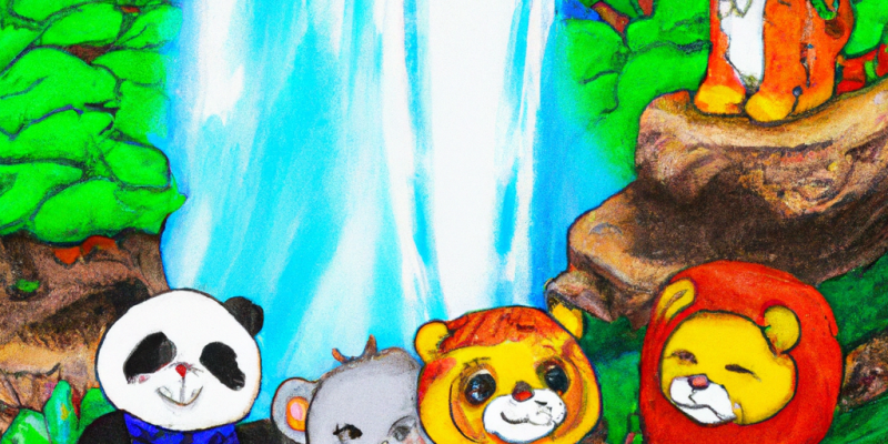 [Image prompt: A group of adorable animal characters (panda, owl, lion, and tiger) standing together in front of a sparkling waterfall in an enchanted forest.]